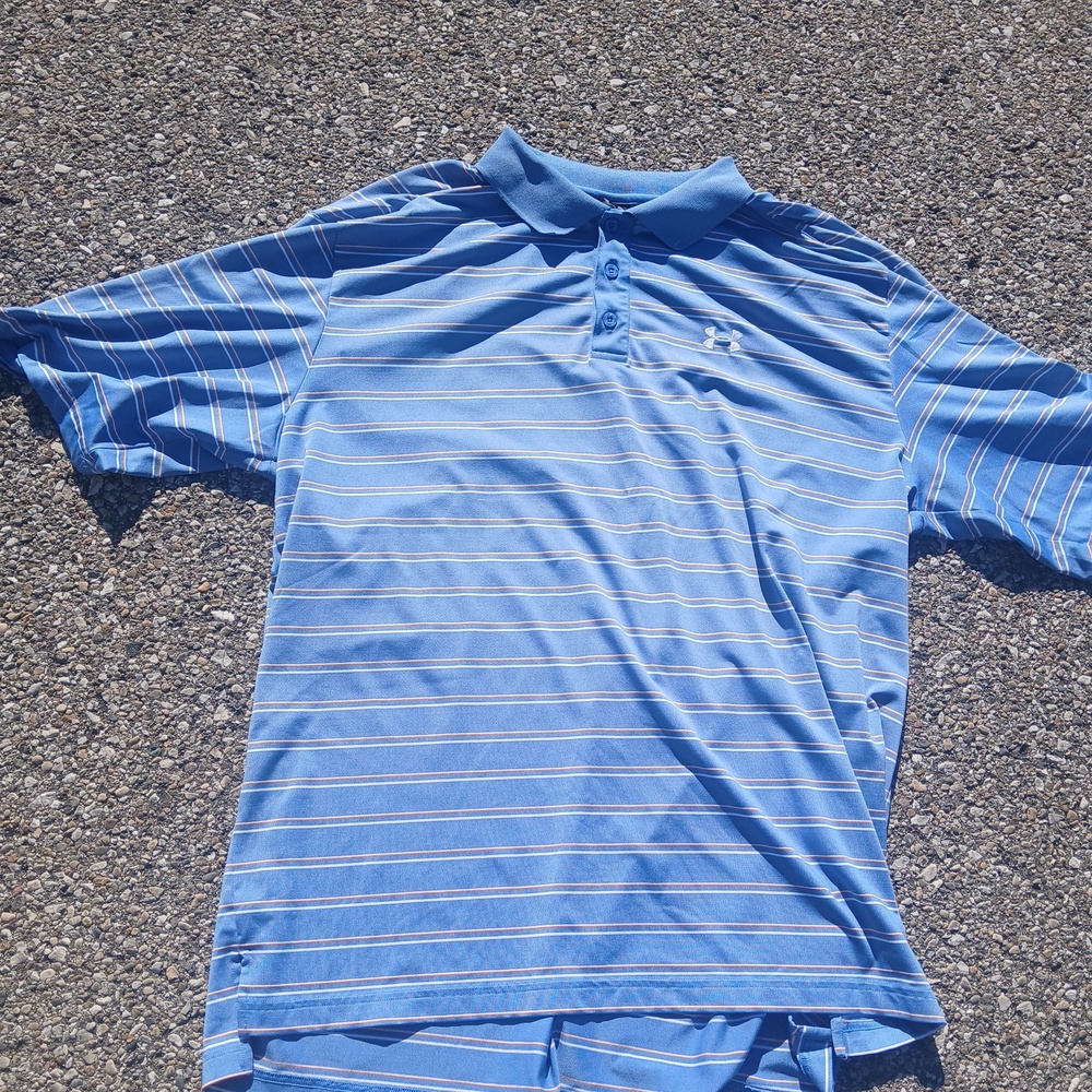 Under Armour Polo Shirt Mens XL Blue Striped Golf Performance Short Sleeve